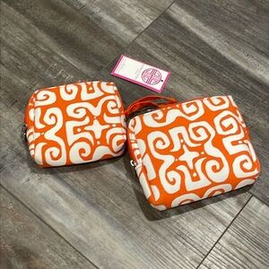 Buckhead Betties Cosmetic Bag Set of 2 NEW Orange and white print